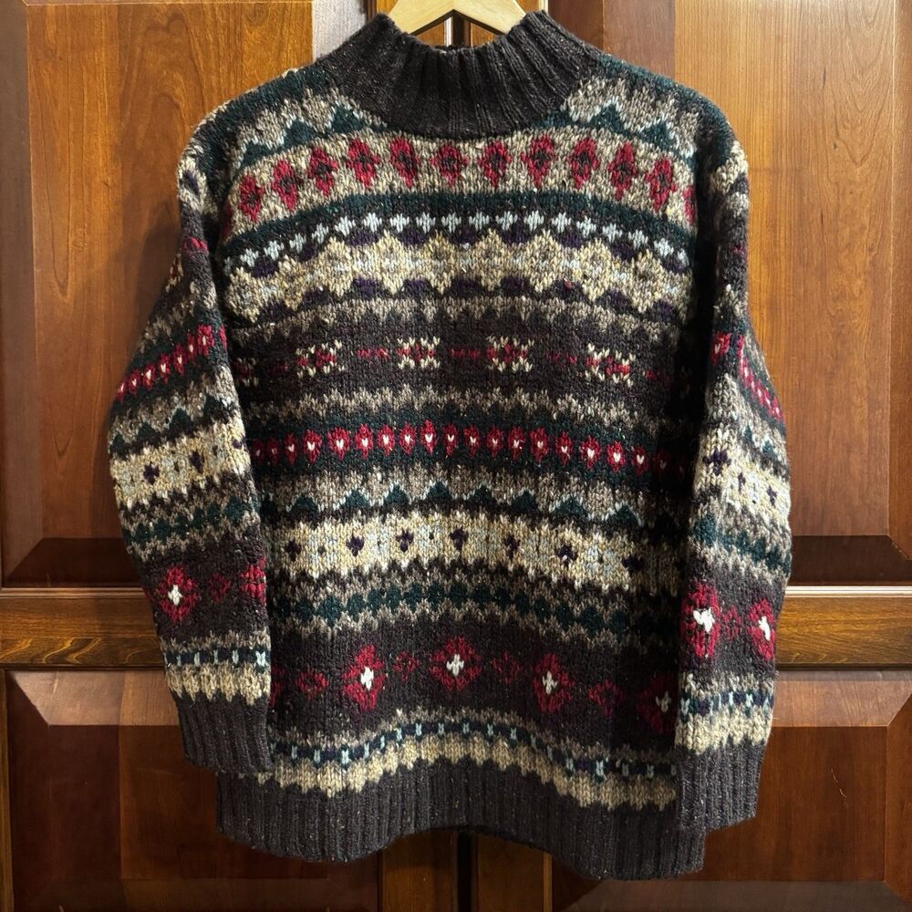 Vintage RALPH LAUREN Hand Knit Wool Mohair Fair Isle Mock Sweater Pullover P/S